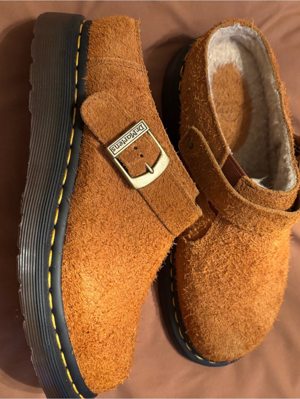 Dr. Martens Isham Pecan Long Napped Buckle Clog with Shearling Lining L8 M7 EXCL